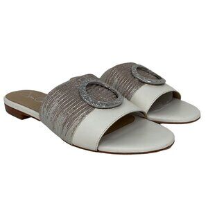 Joan Oloff Sandals Flats White Leather Silver Buckle Size 6.5